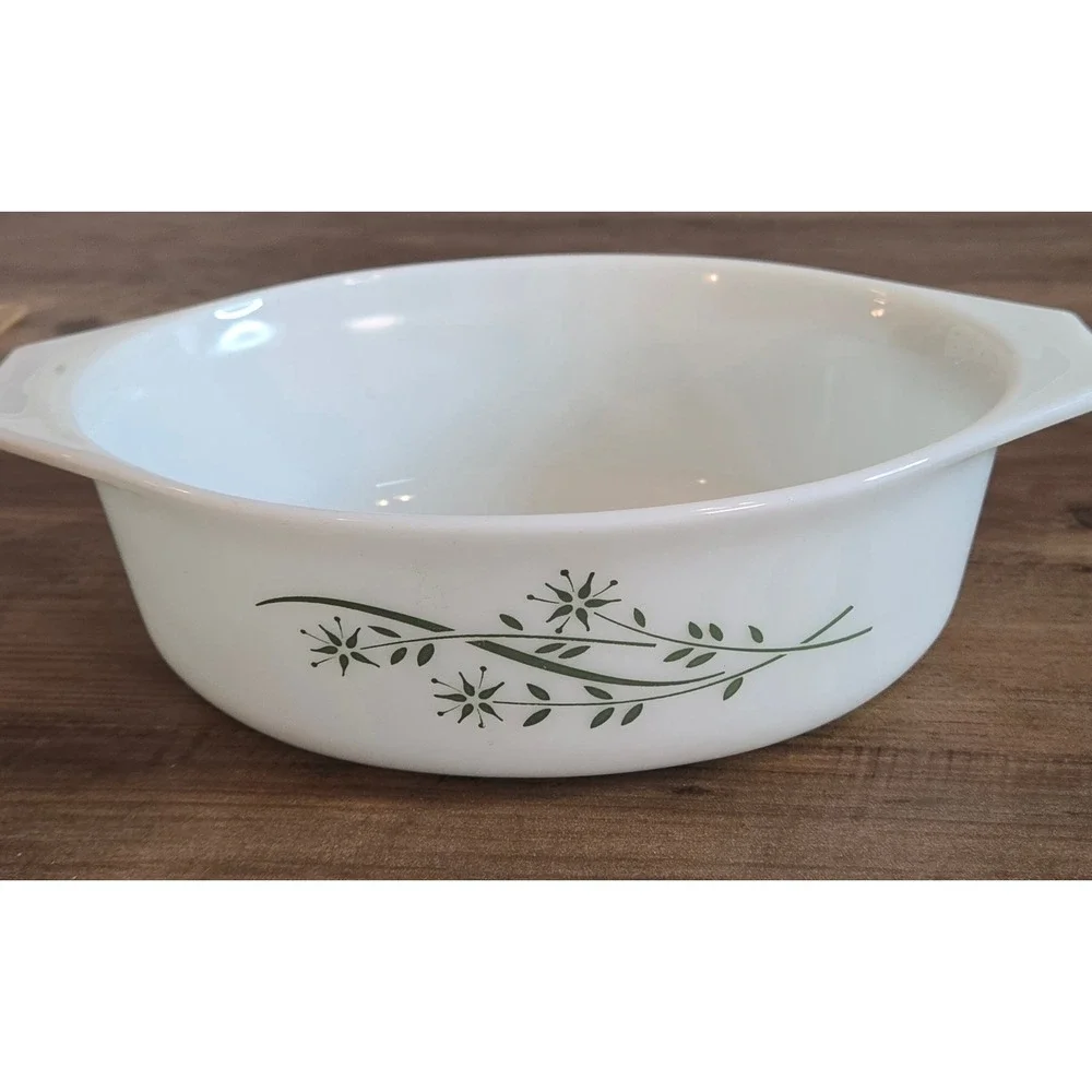 VTG PYREX Oval Promotional Dish 043 1.5 qt Green Honeysuckle Pattern 1960 w/ Lid